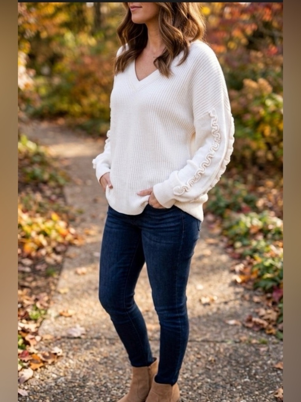 Express Women's V-Neck, Ruffled Detailed Long Sleeve Sweater in Cream